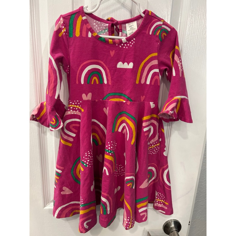 Eleanor Rose Dress Pink Rainbow Heart Ruffle Bell Sleeve Tie Back Girls Size 4